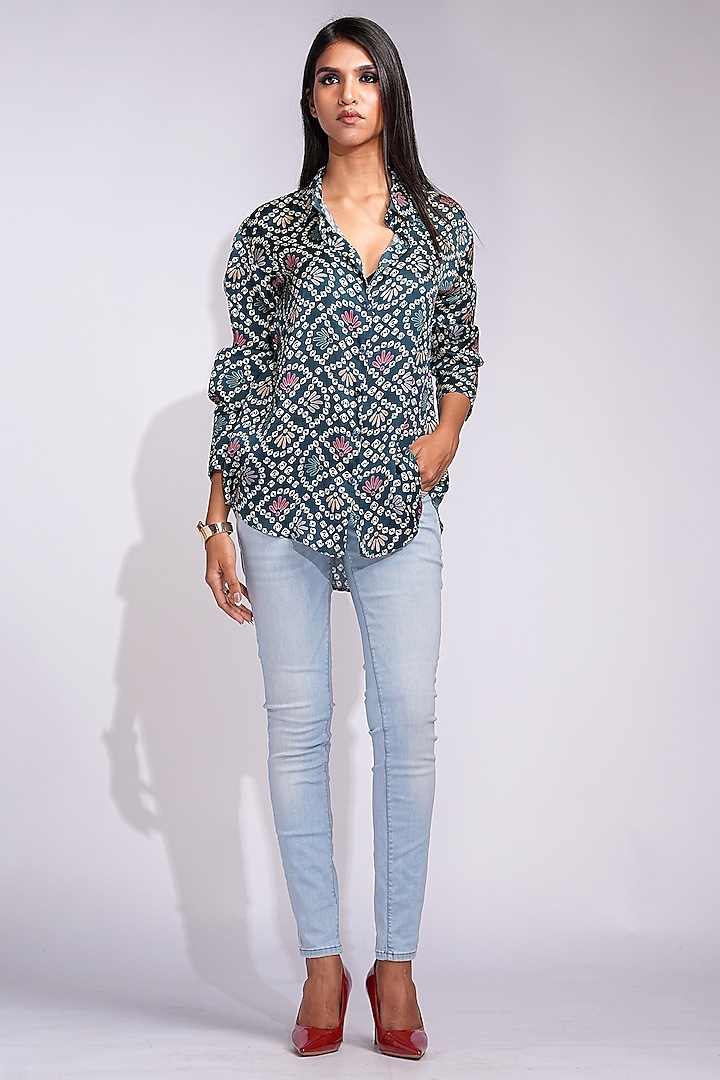 Navy Blue Modal Satin Bandhani Digital Printed Shirt by Shruti S at Pernia's Pop Up Shop