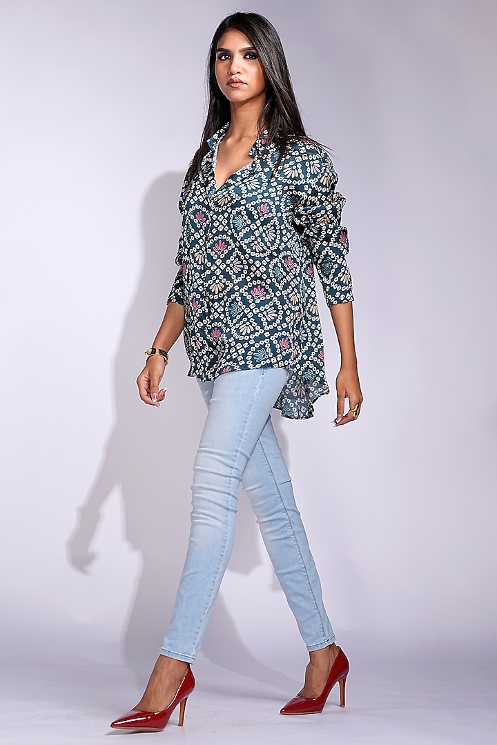 Navy Blue Modal Satin Bandhani Digital Printed Shirt by Shruti S at Pernia's Pop Up Shop