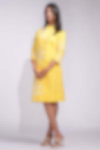 Sunshine Yellow Cotton Thread Embroidered Knee-Length Vacation Dress by Shruti S at Pernia's Pop Up Shop