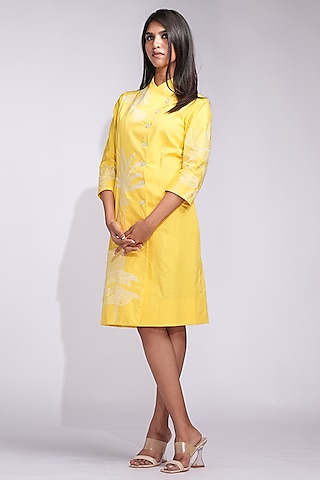 Sunshine Yellow Cotton Thread Embroidered Knee-Length Dress by Shruti S