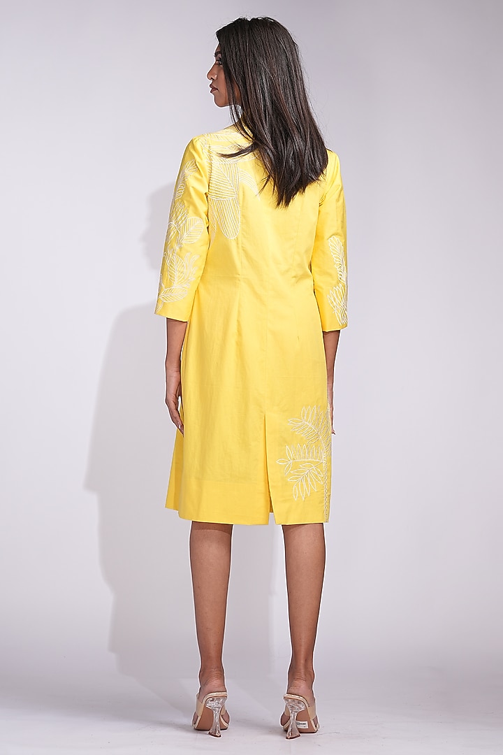 Sunshine Yellow Cotton Thread Embroidered Knee-Length Vacation Dress by Shruti S at Pernia's Pop Up Shop