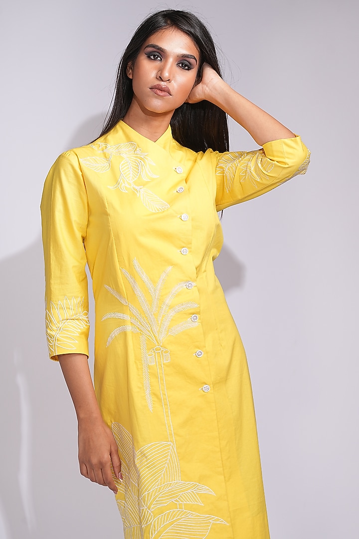 Sunshine Yellow Cotton Thread Embroidered Knee-Length Vacation Dress by Shruti S at Pernia's Pop Up Shop