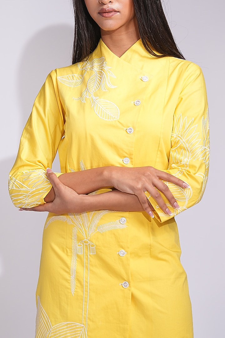 Sunshine Yellow Cotton Thread Embroidered Knee-Length Vacation Dress by Shruti S at Pernia's Pop Up Shop