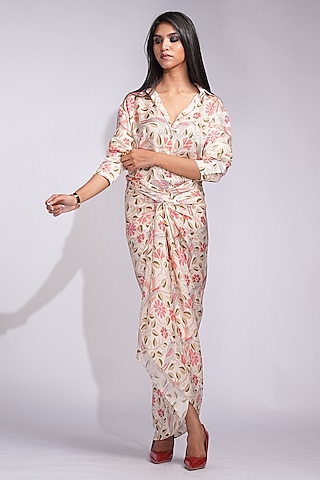 Beige Modal Satin Digital Printed Skirt Set by Shruti S
