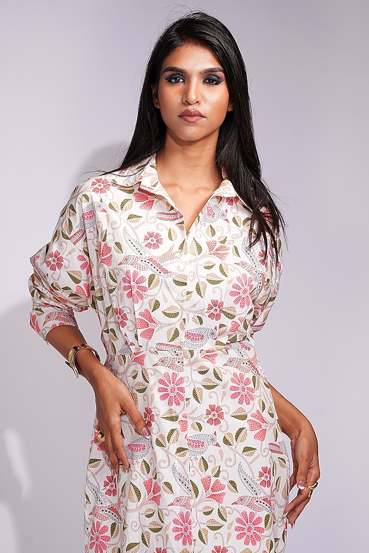 Beige Modal Satin Digital Printed Shirt Vacation Dress by Shruti S at Pernia's Pop Up Shop