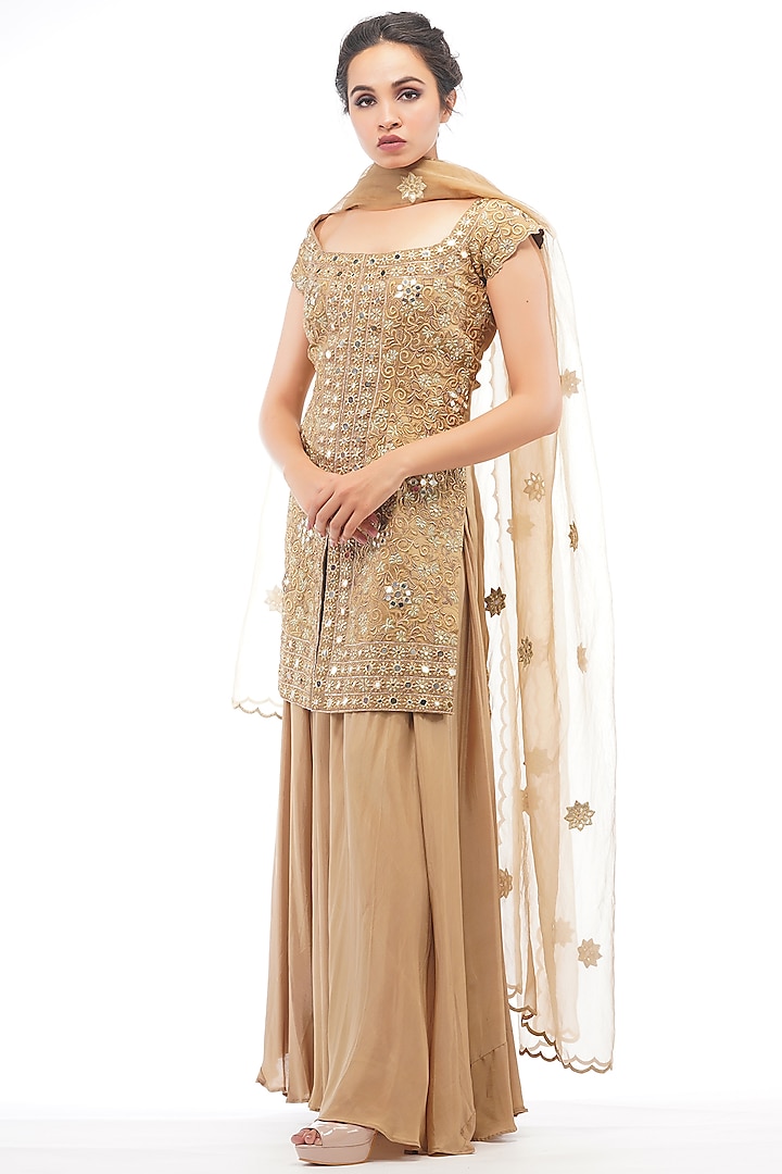 Gold Sharara Set With Embroidered Kurta by Shruti S at Pernia's Pop Up Shop