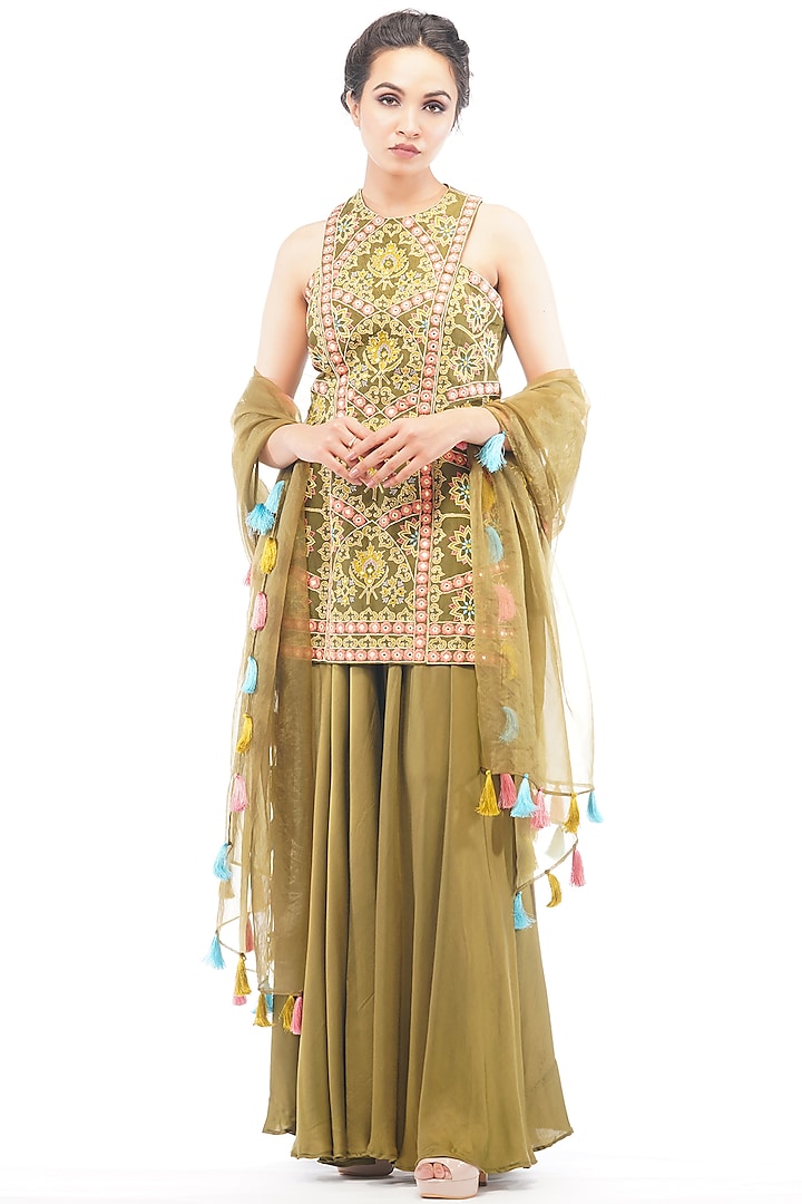 Olive Green Embroidered Sharara Set by Shruti S