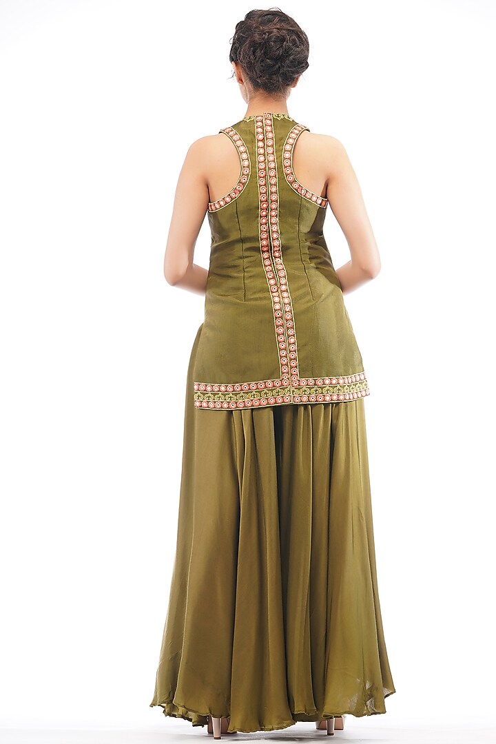 Olive Green Embroidered Wedding Sharara Set by Shruti S at Pernia's Pop Up Shop
