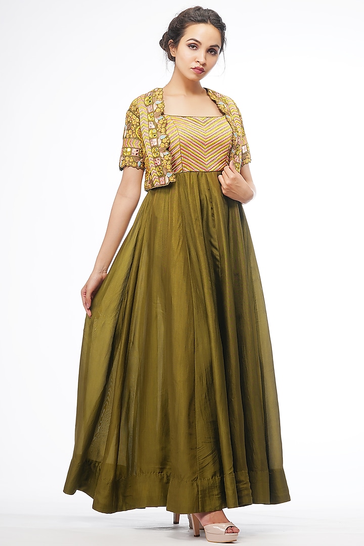 Mehendi Green Anarkali Set With Thread Work by Shruti S