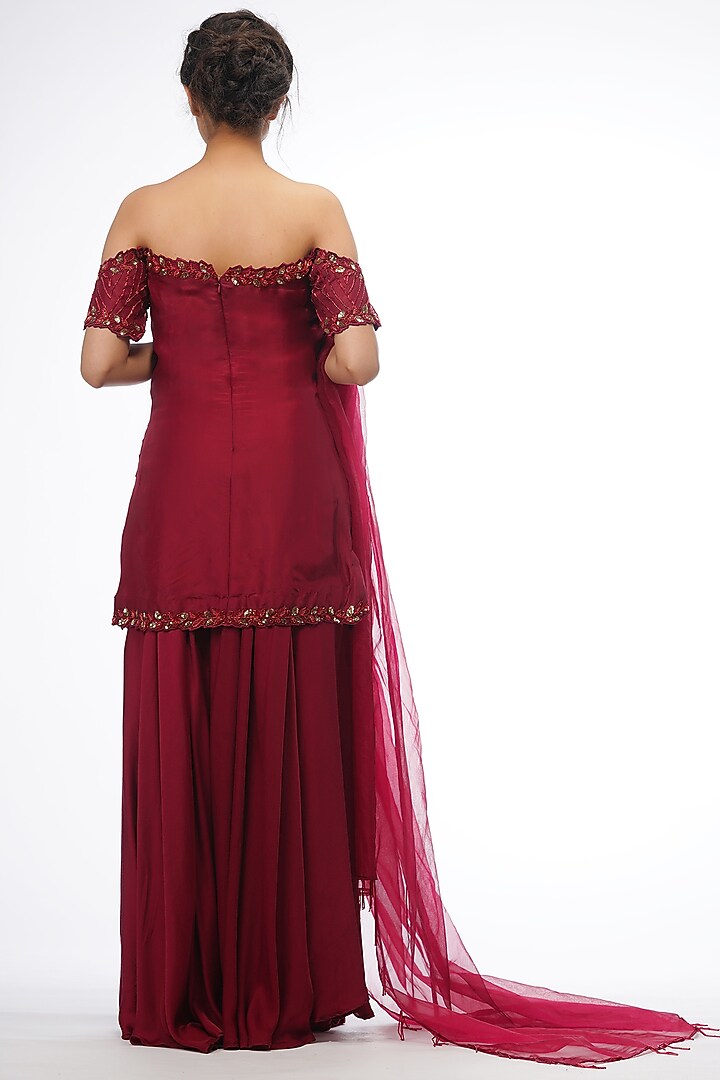 Red Silk & Modal Satin Wedding Sharara Set by Shruti S at Pernia's Pop Up Shop