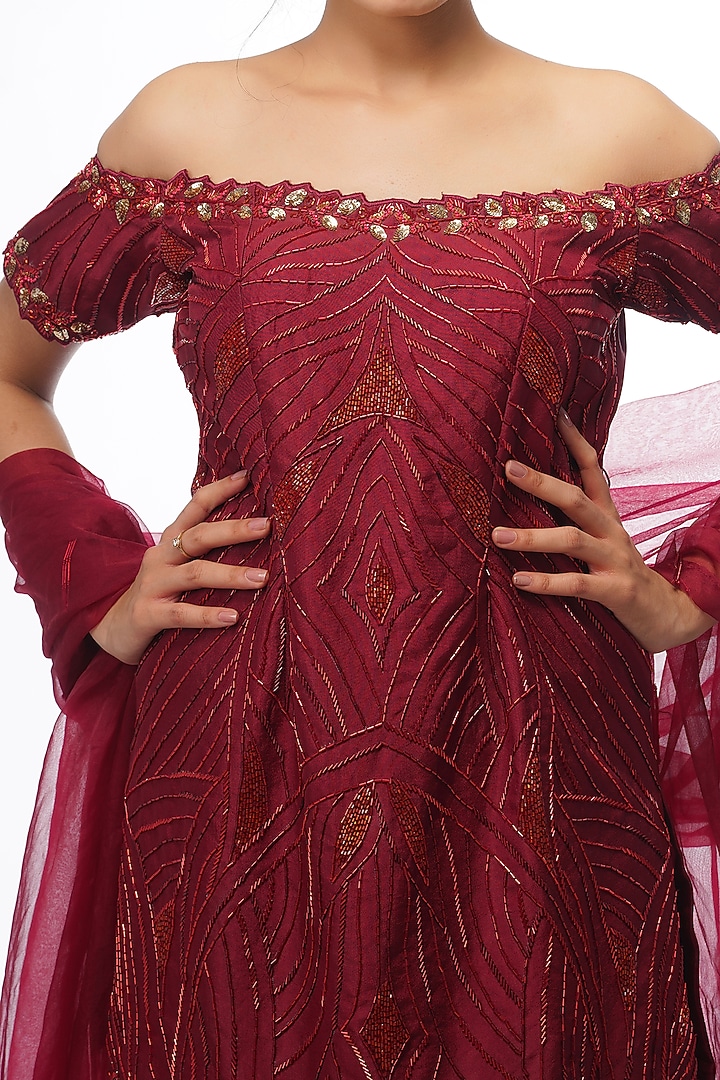 Red Silk & Modal Satin Wedding Sharara Set by Shruti S at Pernia's Pop Up Shop