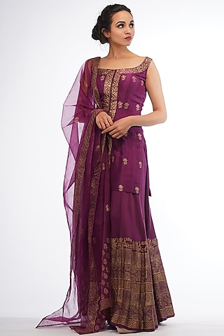 Wine Metallic Printed Sharara Set by Shruti S