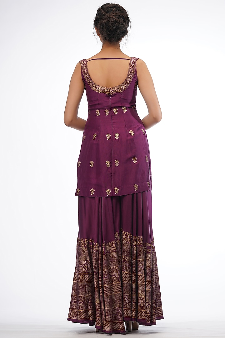 Wine Metallic Printed Wedding Sharara Set by Shruti S at Pernia's Pop Up Shop