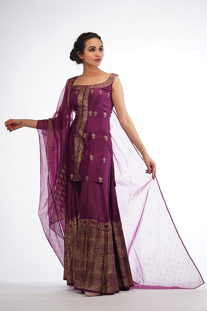 Wine Metallic Printed Wedding Sharara Set by Shruti S at Pernia's Pop Up Shop
