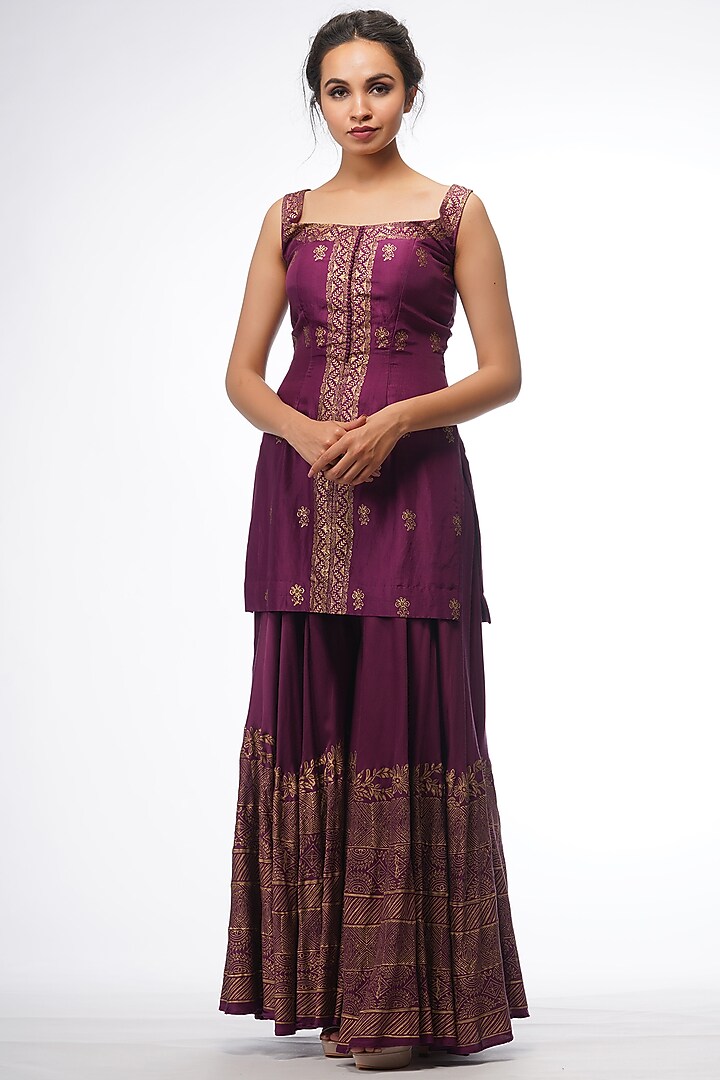 Wine Metallic Printed Wedding Sharara Set by Shruti S at Pernia's Pop Up Shop