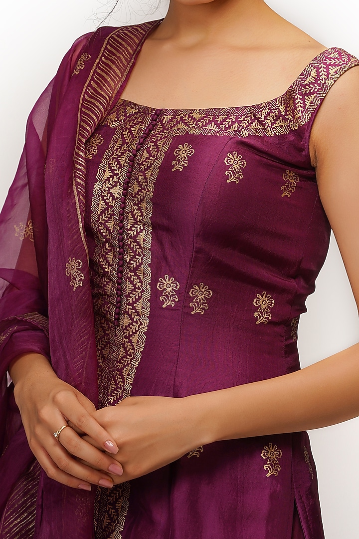 Wine Metallic Printed Wedding Sharara Set by Shruti S at Pernia's Pop Up Shop