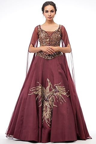 Bronze Wine Silk Lehenga Set by Shruti S