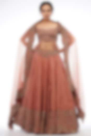 Copper Embroidered Layered Lehenga Set by Shruti S