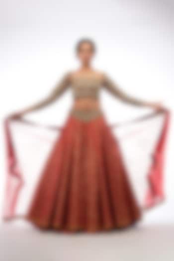 Red Hand Painted & Embroidered Lehenga Set by Shruti S