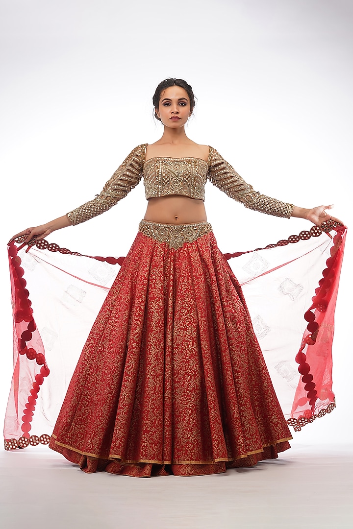 Red Hand Painted & Embroidered Lehenga Set by Shruti S