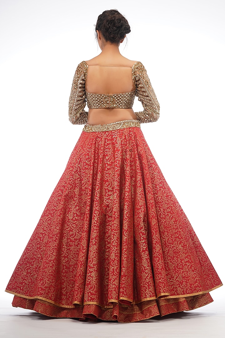 Red Hand Painted & Embroidered Wedding Lehenga Set by Shruti S at Pernia's Pop Up Shop