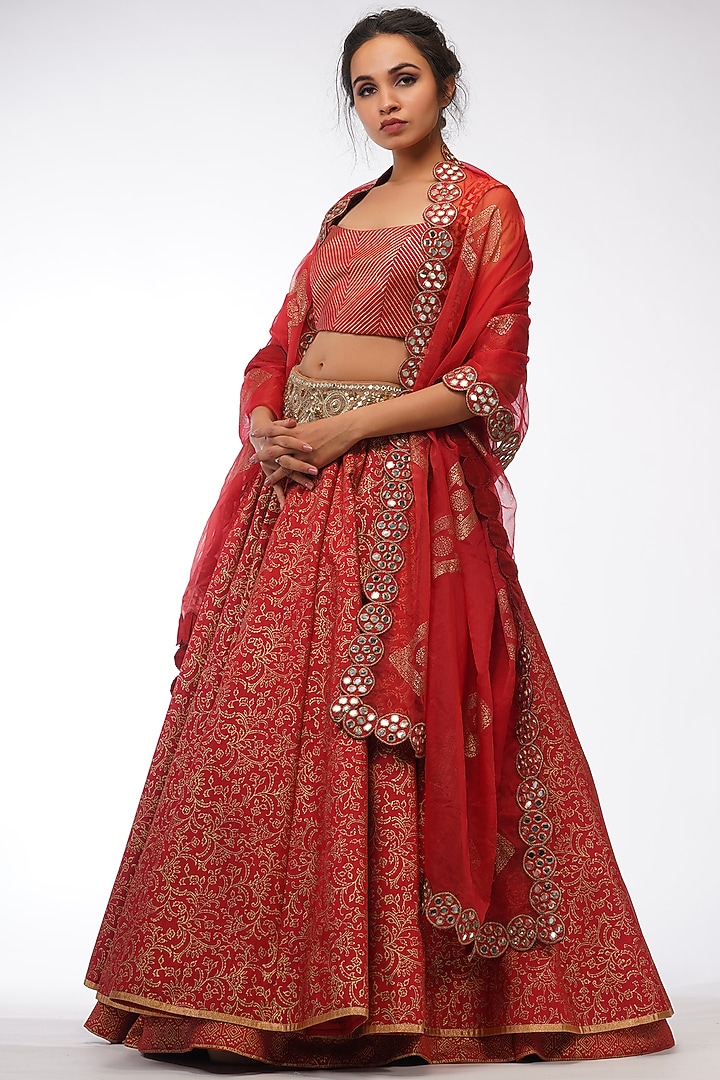 Red Hand Painted & Embroidered Wedding Lehenga Set by Shruti S at Pernia's Pop Up Shop