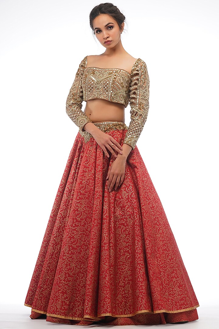 Red Hand Painted & Embroidered Wedding Lehenga Set by Shruti S at Pernia's Pop Up Shop