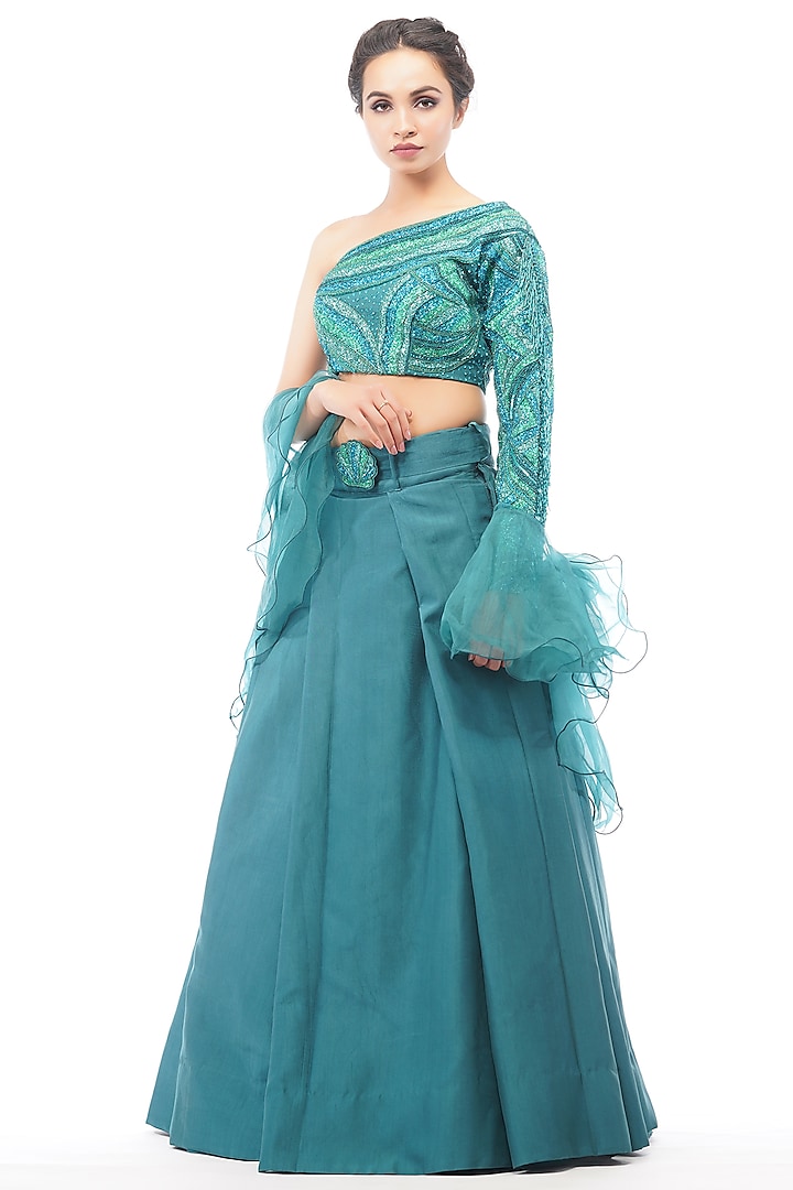 Turquoise Handcrafted Embroidered Lehenga Set by Shruti S