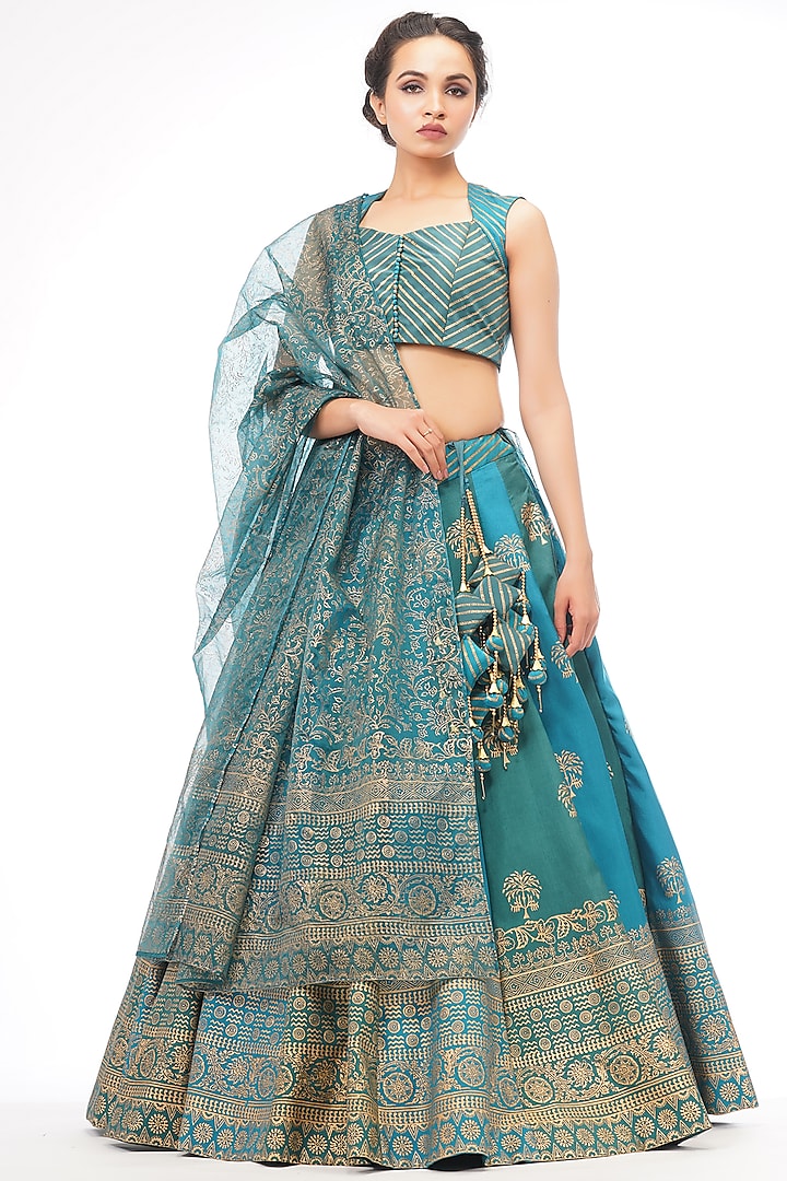 Turquoise Hand Painted Metallic Printed Lehenga Set by Shruti S