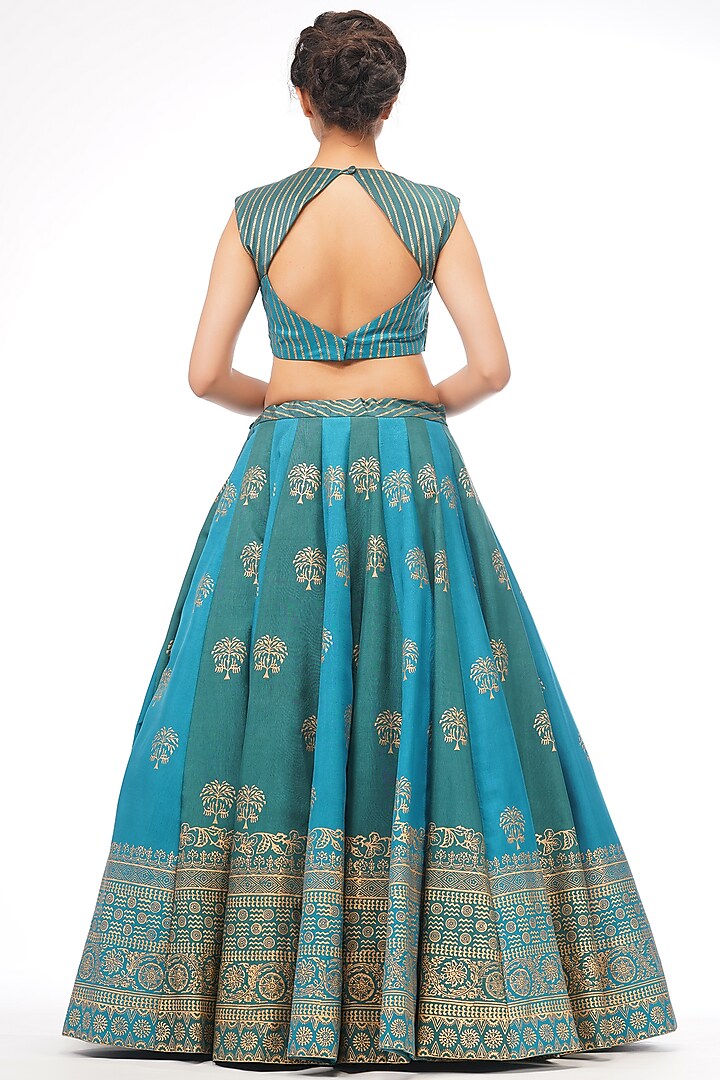 Turquoise Hand Painted Metallic Printed Wedding Lehenga Set by Shruti S at Pernia's Pop Up Shop