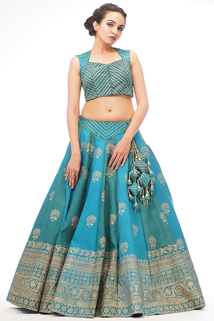 Turquoise Hand Painted Metallic Printed Wedding Lehenga Set by Shruti S at Pernia's Pop Up Shop