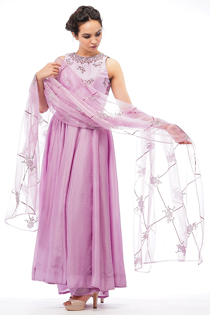 Lilac Handcrafted Embroidered Anarkali Set by Shruti S
