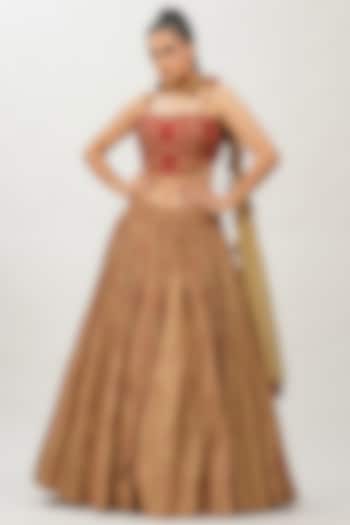 Red & Gold Hand Block Printed Wedding Lehenga Set by Shruti S at Pernia's Pop Up Shop