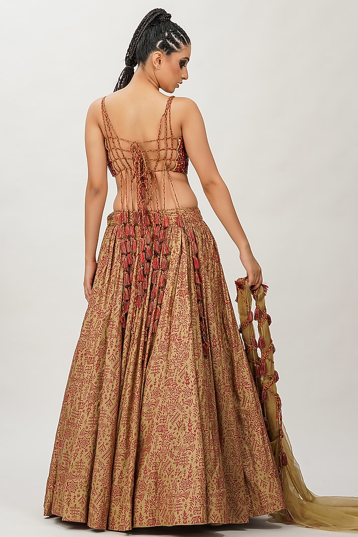 Red & Gold Hand Block Printed Wedding Lehenga Set by Shruti S at Pernia's Pop Up Shop