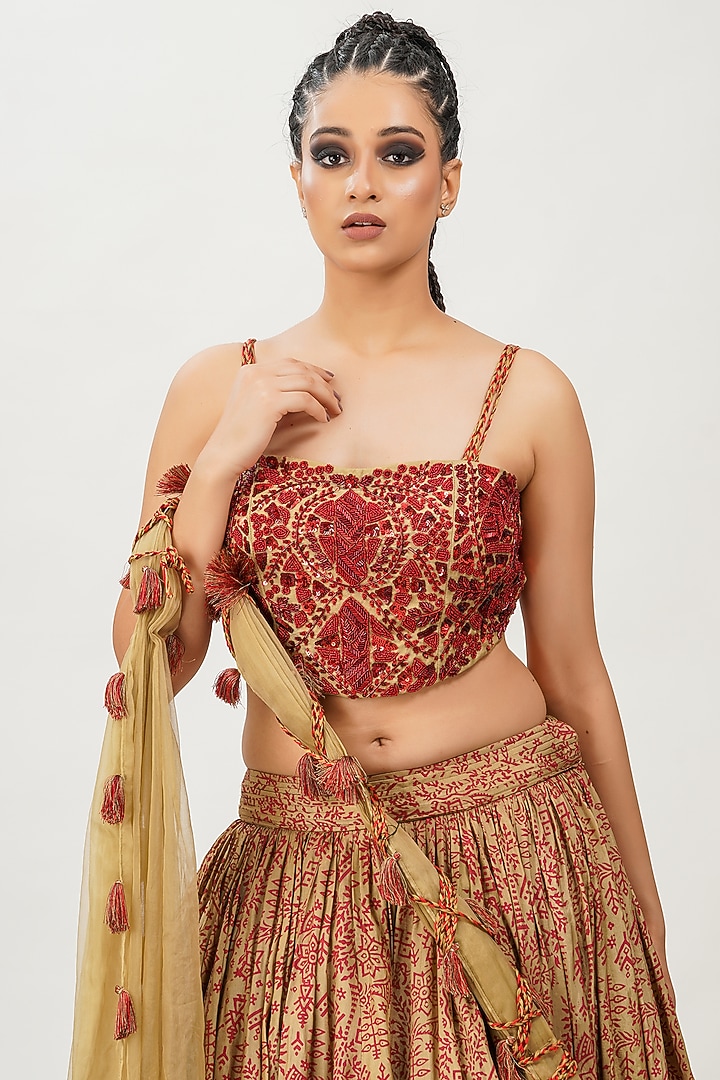 Red & Gold Hand Block Printed Wedding Lehenga Set by Shruti S at Pernia's Pop Up Shop