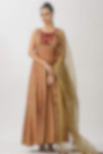 Red & Gold Hand Block Printed Wedding Anarkali Set by Shruti S at Pernia's Pop Up Shop