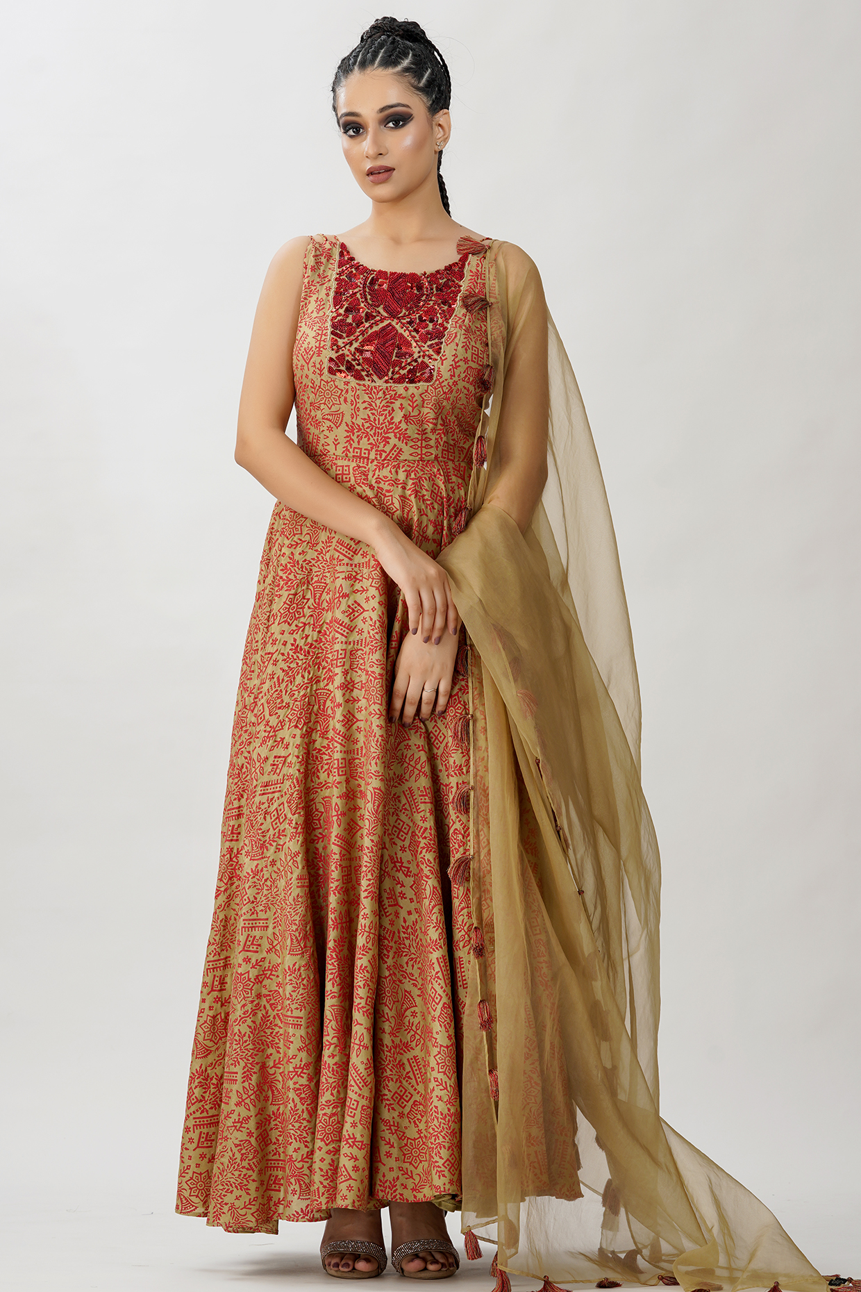 Red & Gold Hand Block Printed Wedding Anarkali Set by Shruti S at Pernia's Pop Up Shop