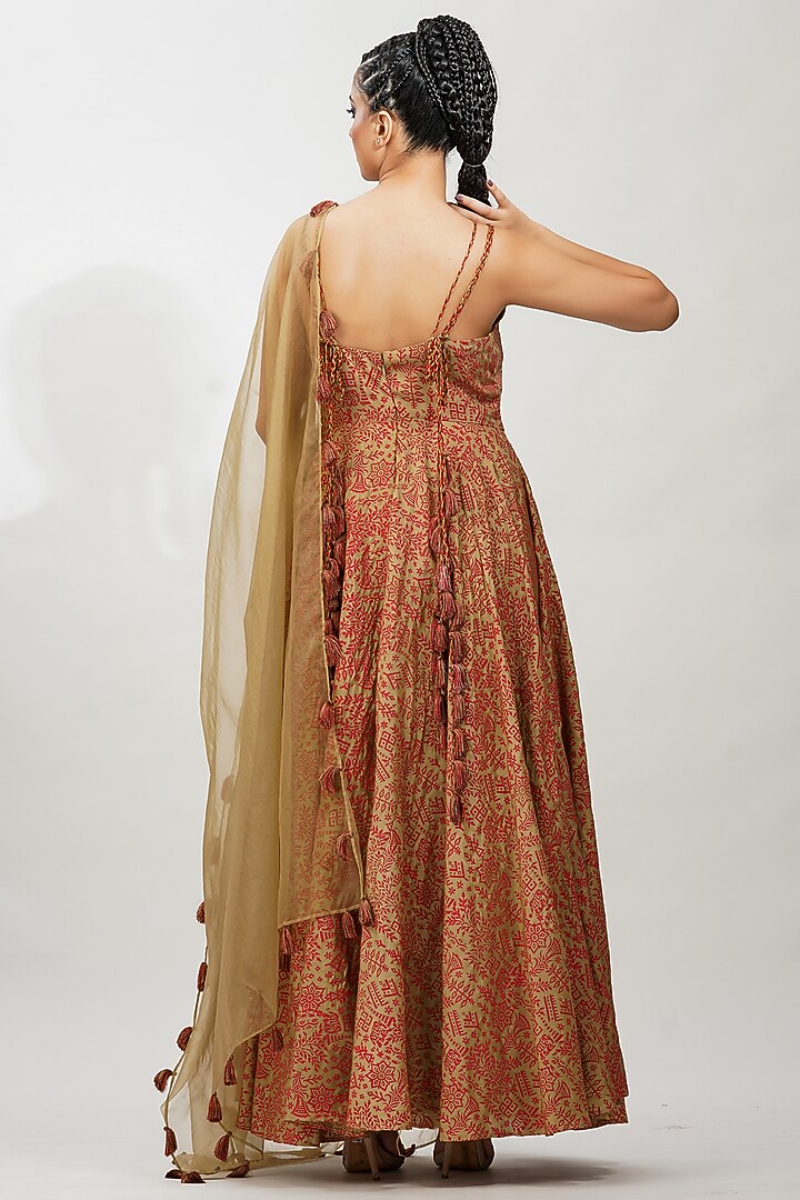 Red & Gold Hand Block Printed Wedding Anarkali Set by Shruti S at Pernia's Pop Up Shop