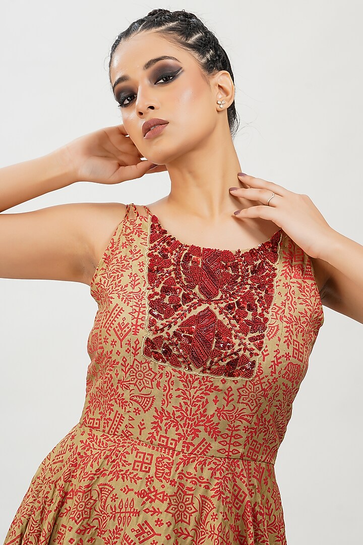 Red & Gold Hand Block Printed Wedding Anarkali Set by Shruti S at Pernia's Pop Up Shop