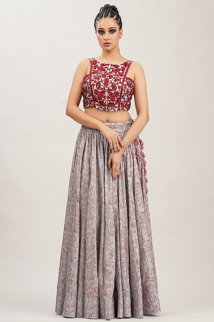 Grey Hand Block Printed & Embroidered Skirt Set by Shruti S