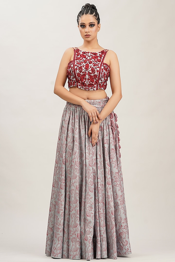 Grey Hand Block Printed & Embroidered Skirt Set by Shruti S at Pernia's Pop Up Shop