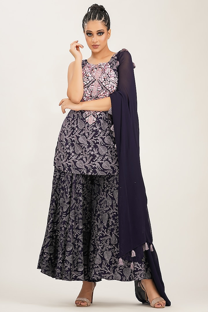 Navy & Lilac Hand Block Printed Wedding Sharara Set by Shruti S at Pernia's Pop Up Shop