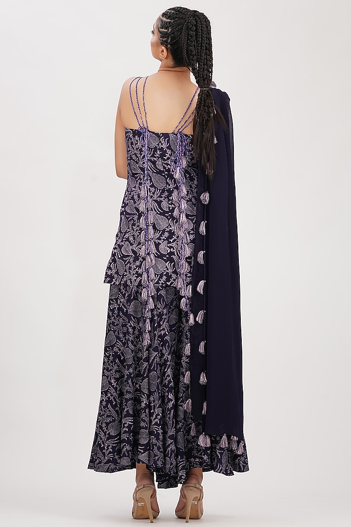 Navy & Lilac Hand Block Printed Wedding Sharara Set by Shruti S at Pernia's Pop Up Shop