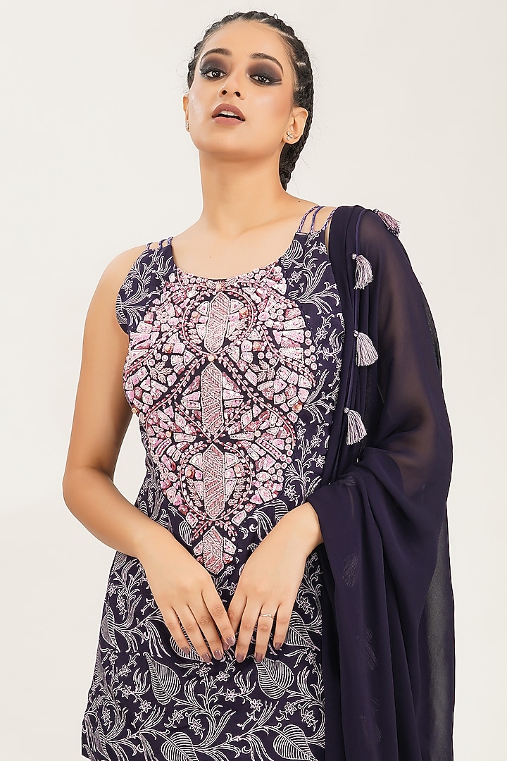 Navy & Lilac Hand Block Printed Wedding Sharara Set by Shruti S at Pernia's Pop Up Shop