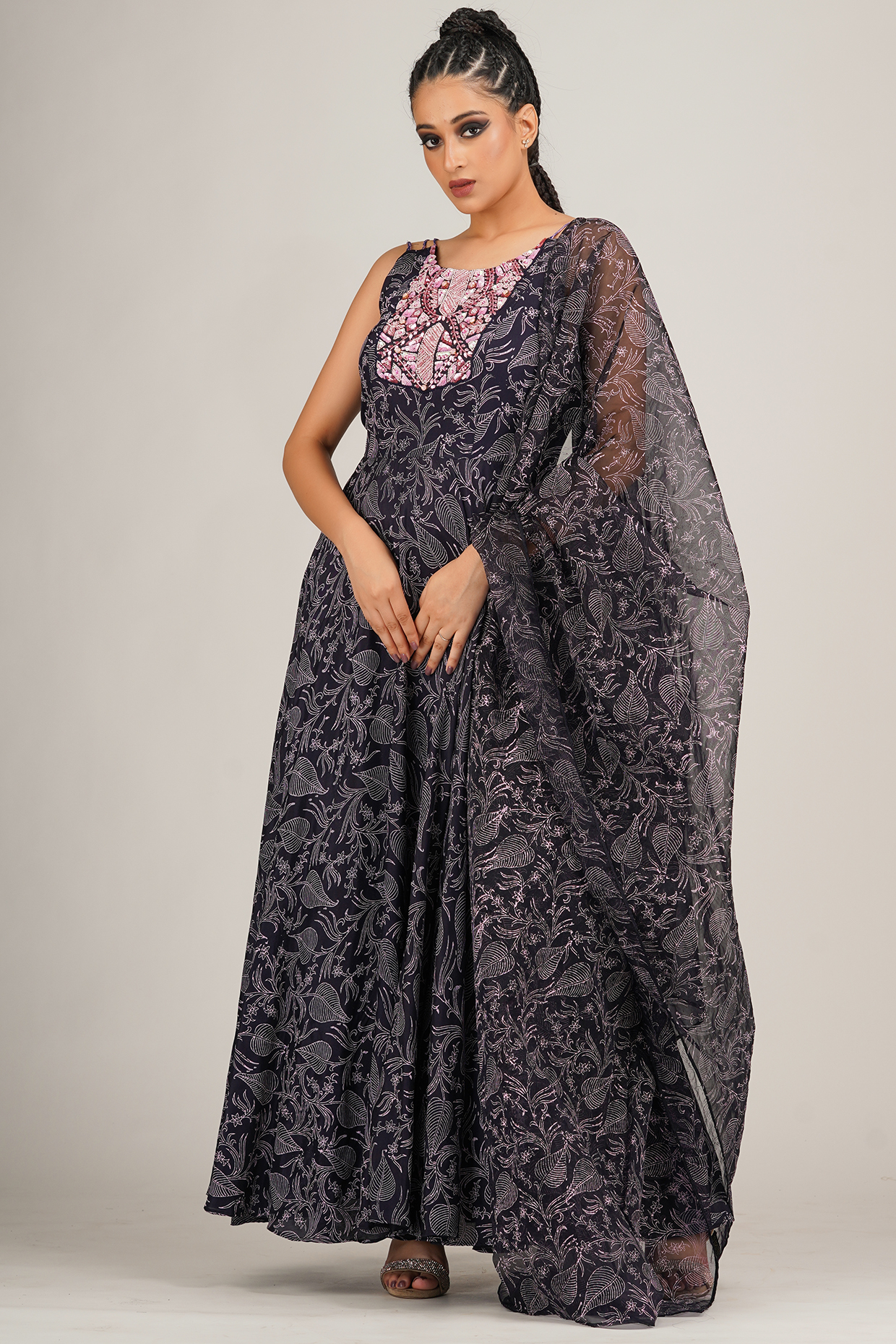 Navy & Lilac Hand Block Printed Anarkali Set by Shruti S