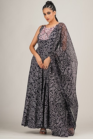 Navy & Lilac Hand Block Printed Anarkali Set by Shruti S
