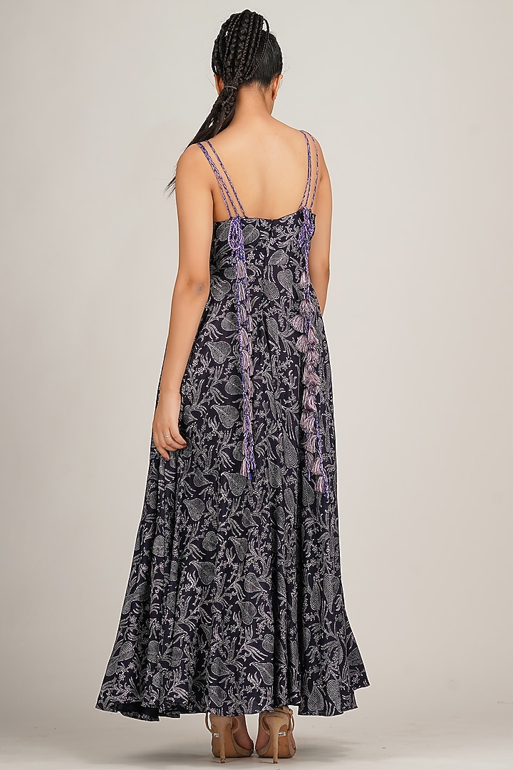 Navy & Lilac Hand Block Printed Wedding Anarkali Set by Shruti S at Pernia's Pop Up Shop