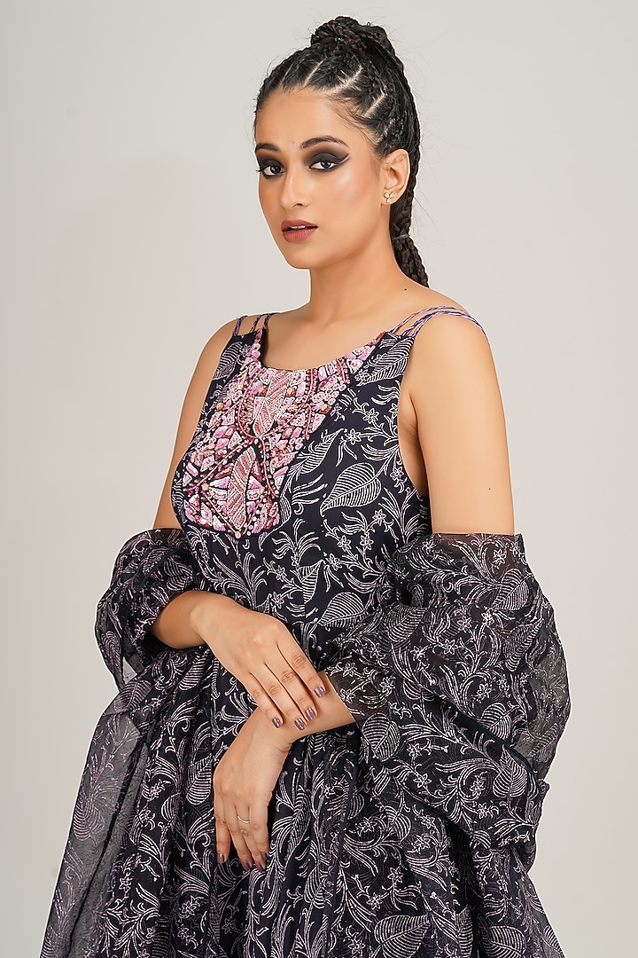 Navy & Lilac Hand Block Printed Wedding Anarkali Set by Shruti S at Pernia's Pop Up Shop