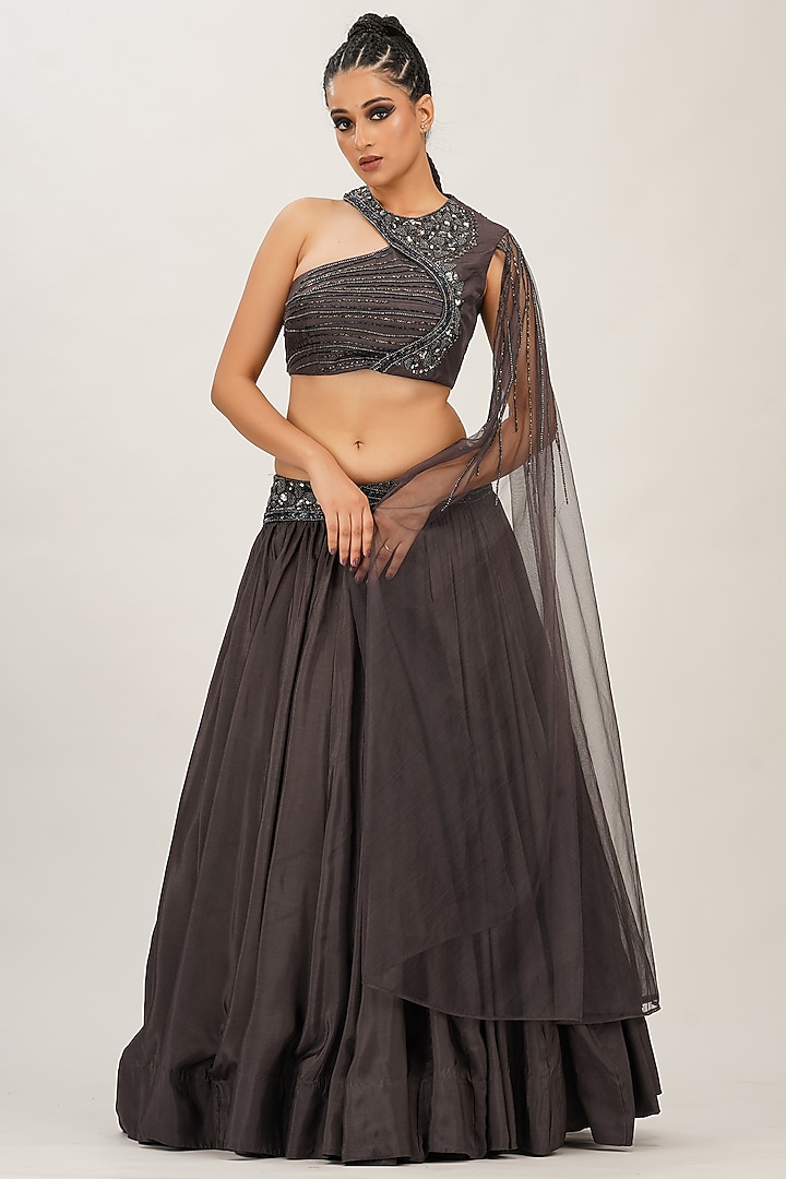 Lead Grey Hand Embroidered Wedding Lehenga Set by Shruti S at Pernia's Pop Up Shop