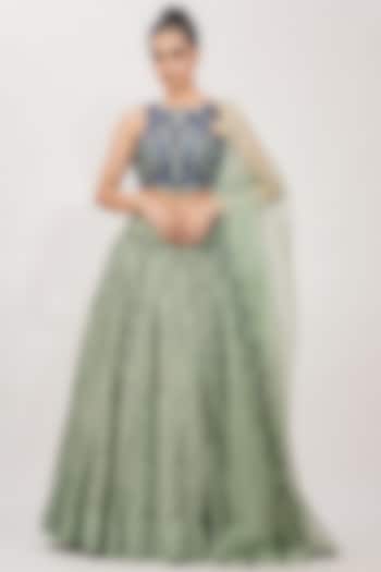 Sage Green Hand Block Printed & Embroidered Wedding Lehenga Set by Shruti S at Pernia's Pop Up Shop